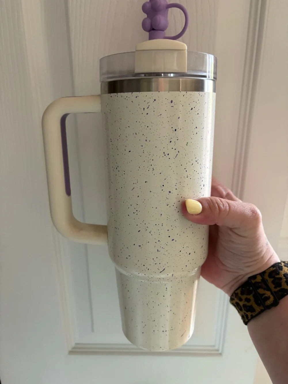 Stanley Speckled Cream Travel Tumbler with Purple Logo - Picture 2 of 2
